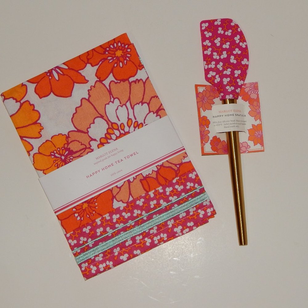 Margo Elena Floral Orange Happy Home Kitchen Tea Towel & Rubber Spatula Set